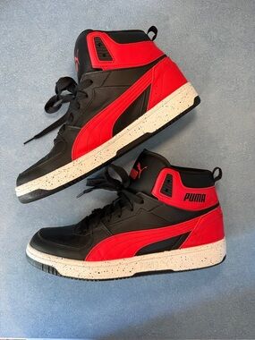 Puma Rebound Joy Speckle Black and High Risk Red High-Top Sneakers Men’s 10.5